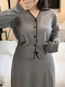 Dazy Plus 2pcs V-Neck Cardigan Top And Elastic Waist Skirt Knit Suit, Plus Size, Autumn