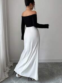 Rafferiza Women's Elegant White And Black Off-Shoulder Contrast Pleated Splicing Glittering Knitted Long Dress,Formal Autumn Luxury Evening Wedding Guest Gown - Black and White - View 2