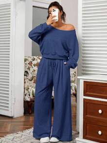 SHEIN EZwear 大码女式纯色不对称领口落肩长袖运动衫和阔腿裤休闲两件套，秋季 - 藏蓝色 - 查看 1