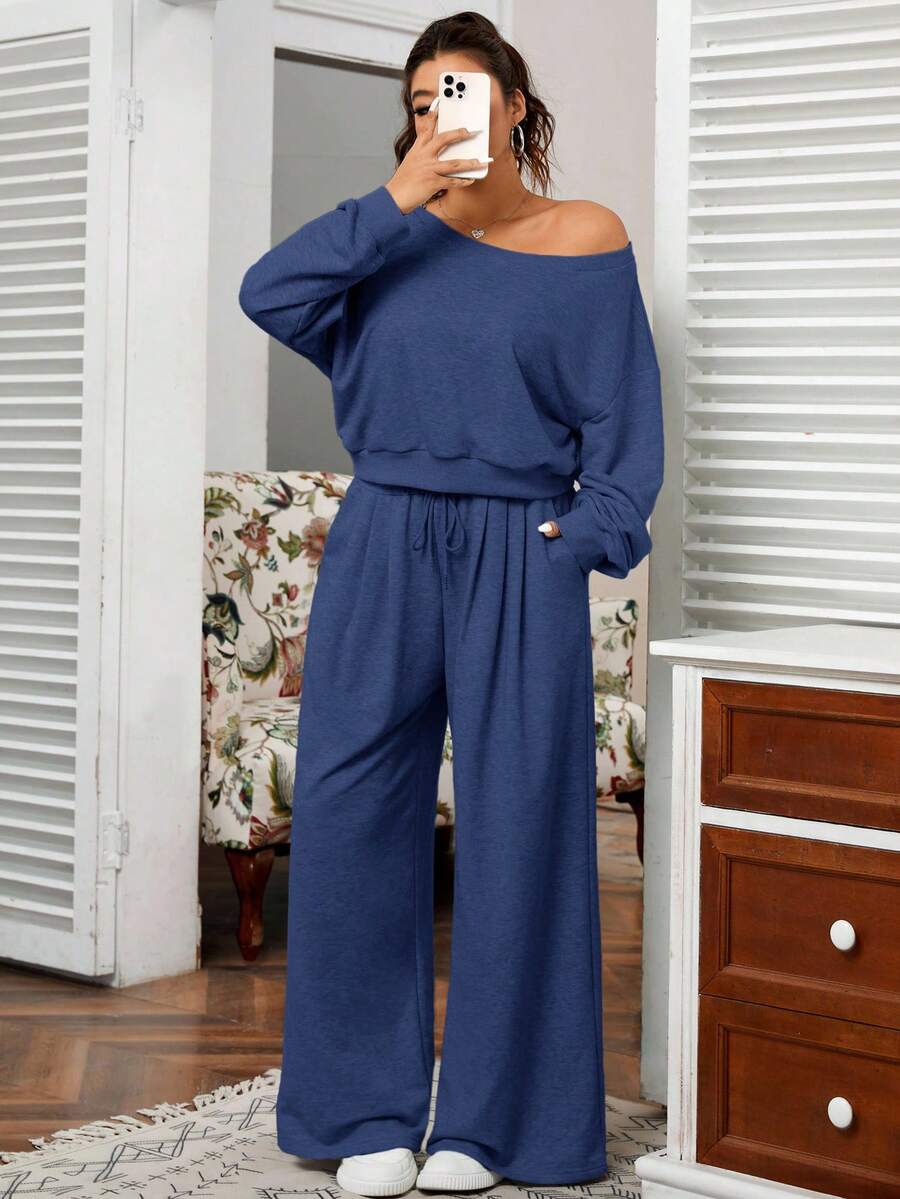 SHEIN EZwear 大码女式纯色不对称领口落肩长袖运动衫和阔腿裤休闲两件套,秋季 - 藏蓝色 - 查看 1