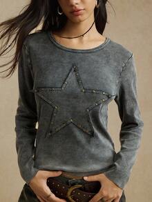 Easelle 女式针织紧身圆领长袖五角星图案休闲T恤 - 黑色 - 查看 3