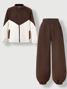 SHEIN 男童休闲拼色毛绒服装，适合男孩在公园散步、参加社区活动和日常通勤时穿着 - 卡其色 - 查看 3