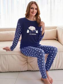 Letter & Cartoon Embroidery Flannel Pajamas Set - Navy Blue - View 3