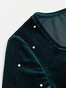 Pitira Tween Girl Solid Emerald Green Square Neck Christmas Party Velvet Beaded Long Sleeve Dress,Dark Green Christmas Dress, Dark Green Dress, Party Dress, Velvet Dress, Beaded, Dark Green Dress For Girls, Christmas Outfit For Girls Long Sleeve Dress Tween Dark Green Dress Girls Girl Velvet Dress Dark Green Tween Dress Tween Girl Tight Dress