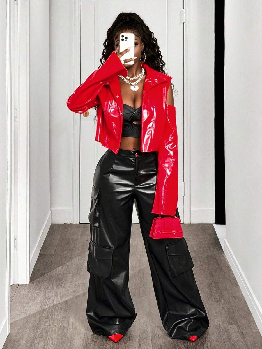 SHEIN BamGlam 女式可拆卸长袖红色 PU 皮夹克 - 紅色 - 查看 1