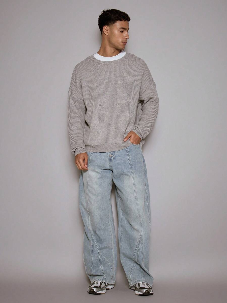 Musero Baggy Barrel Leg Seam Detailing Button Up Denim Jeans Fall/SPRING SUMMER - Blue - View 1