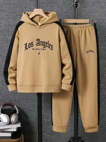 SHEIN Tween Boy Casual Korean Loose Fit Letter Graphic Print Hoodie And Elastic Waist Pants Set, Suitable For Autumn Spring Outdoor, School, Street Style, Party And Home Leisure, Boys Sweatsuits Set, Hoodie And Sweatpants Set, 2 Piece Teen Boys Hoddie And Sweatpants, Boys Autumn Winter Casual Two Piece Set Fall