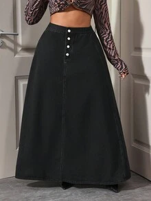 Slaydiva Váy denim dài đi làm thời trang cỡ lớn - màu đen - Xem 7