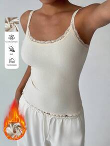 FavEase Apricot Knitted Fleece Ribbed Contrast Lace Trim U-Neck Fitted Camisole, Fashionable, Minimalist, Elegant, Cute, Comfortable For Home, Outdoor, Daily, Date, Versatile For Women In Autumn/Winter - Apricot - View 1