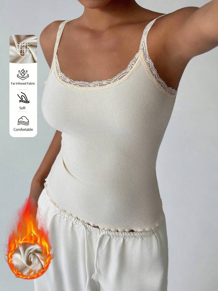 FavEase Apricot Knitted Fleece Ribbed Contrast Lace Trim U-Neck Fitted Camisole, Fashionable, Minimalist, Elegant, Cute, Comfortable For Home, Outdoor, Daily, Date, Versatile For Women In Autumn/Winter - Apricot - View 1