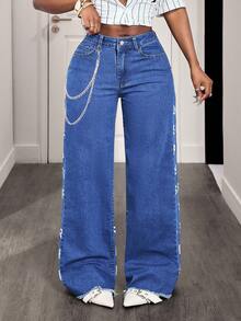 BamGleam Jeans de pierna ancha de moda para mujer con estampado de letras y color contrastante - Azul lavado medio - Ver 5