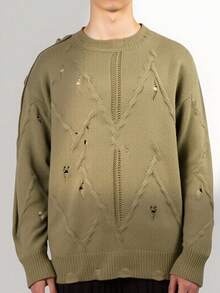 Manfinity Homme Suéter casual de moda para hombre, estilo callejero punk con decoración de hebilla metálica rasgada, para otoño/invierno - Verde militar - Ver 1