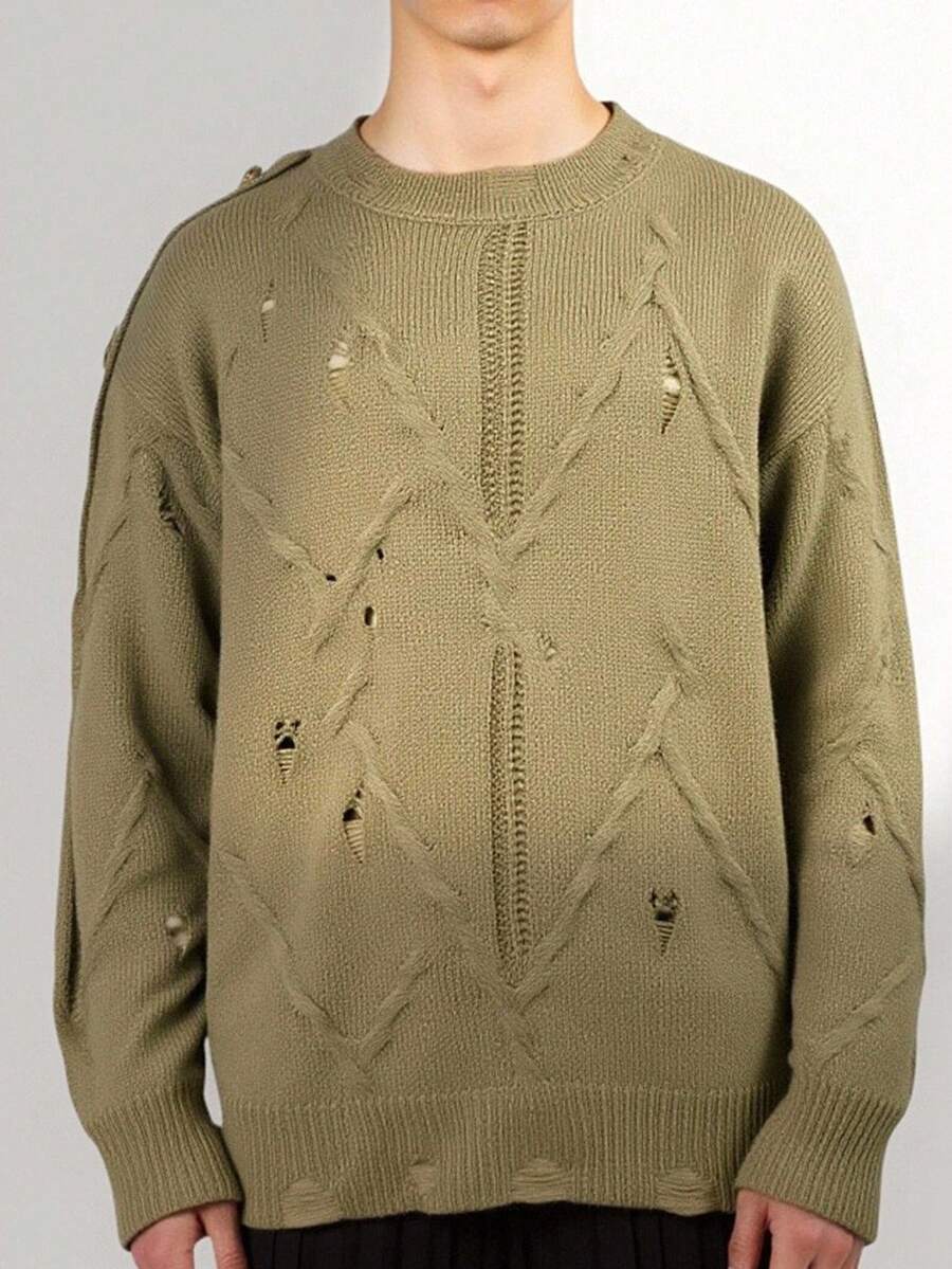 Manfinity Homme Suéter casual de moda para hombre, estilo callejero punk con decoración de hebilla metálica rasgada, para otoño/invierno - Verde militar - Ver 1