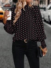 EMERY ROSE Polka Dot Print Stand Collar Long Sleeve Casual Shirt - Multicolor - View 5