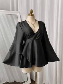 Sweetra 大码女式绿色缎面荷叶边袖休闲衬衫 - 黑色 - 查看 7