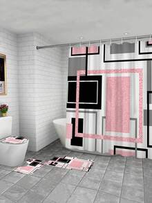 1pc/4pcs Geometric Multifunctional Decorative Bathroom Waterproof Shower Curtain With 12 Hooks, 1pc U-Shaped Rug And 1pc Round Toilet Cover For All-Around Bathroom Decoration Fall Decor Bathroom Accessories Back To School - Multicolor - View 5