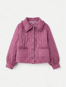 lacRébo Spring Summer Dusty Pink Quilted Jacket With Ruffled Collar And Button Front Winter Women Clothes Spring Summer Purple Jacket Women Jackets - Purple - View 6