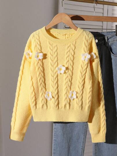 Sparklyn Tween Girl Fresh & Sweet 3D Floral Twist Knit Crew Neck Sweater, Suitable For Home, Outing, Party, Back To School Fall Winter