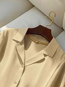 Franclia Áo sơ mi tay ngắn cổ bẻ màu trơn thường ngày dành cho nữ, mùa hè - Màu Khaki - Xem 3