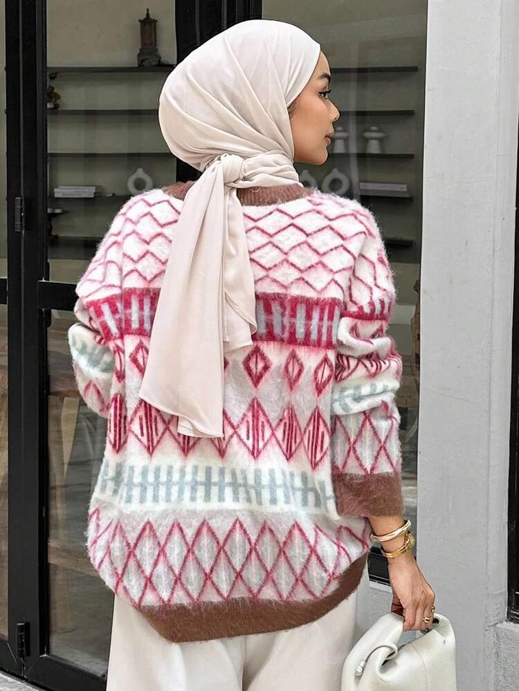 Contrast Color Retro Plaid Loose Long Sleeve Casual Street Knit Cardigan For Women, Autumn/Winter Modest Fashion