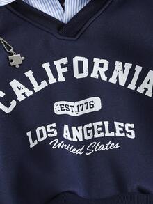 Teen Girl Letter & Stripe Print Shirt Collar Long Sleeve Casual Sweatshirt, Autumn Fall Winter