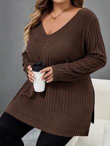 SHEIN CURVE+ Áo thun cổ chữ V viền gân màu xanh cỡ lớn, quần áo thu đông cho nữ, mùa đông, CONG CỠ LỚN/Mùa thu/Mùa đông - màu nâu - Xem 9