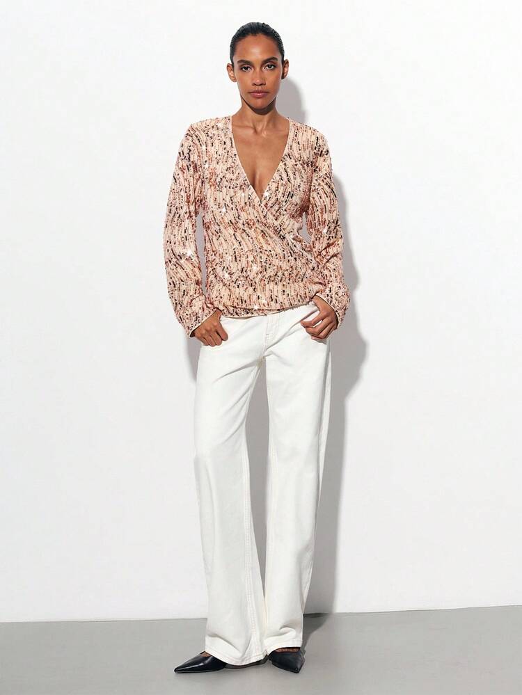 SHEIN Maija Khaki Sequin V-Neck Fitted Long Sleeve Women Top, Suitable For Party, Urban Chic, Festive Gathering,Fall For Women,Chic Top,Halloween Costumes,Christmas, Sequin Top Saudi National Day Party Old Money Elegant Women's Blouses Party Top Thanksgiving For Women Party