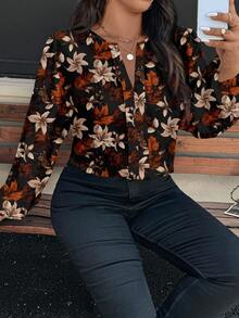 EMERY ROSE Áo sơ mi tay dài cổ tròn họa tiết lá phong và hoa thanh lịch, giản dị, phù hợp cho mùa xuân và mùa thu - Nhiều màu - Xem 4