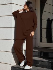 EURMUSE Women's Solid Color Long Knit Sweater And Long Knit Pants Set - Camel - View 4