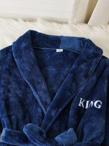 SHEIN 2 件套 Tween Boy 字母印花保暖内衬连帽睡袍，腰部系带，柔软舒适双面毛绒家居服睡衣套装 - 寶藍色 - 查看 4