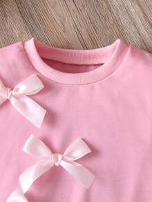 SHEIN 女童春秋长袖蝴蝶结卫衣和喇叭牛仔裤套装 - 粉色 - 查看 3