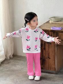 SHEIN Bebeluși/fetițe, 0-3 ani, primăvară/vară, casual, drăguț cu imprimeu de fructe și pere, guler rotund, mânecă lungă, hanorac + colanți cu nervuri, set