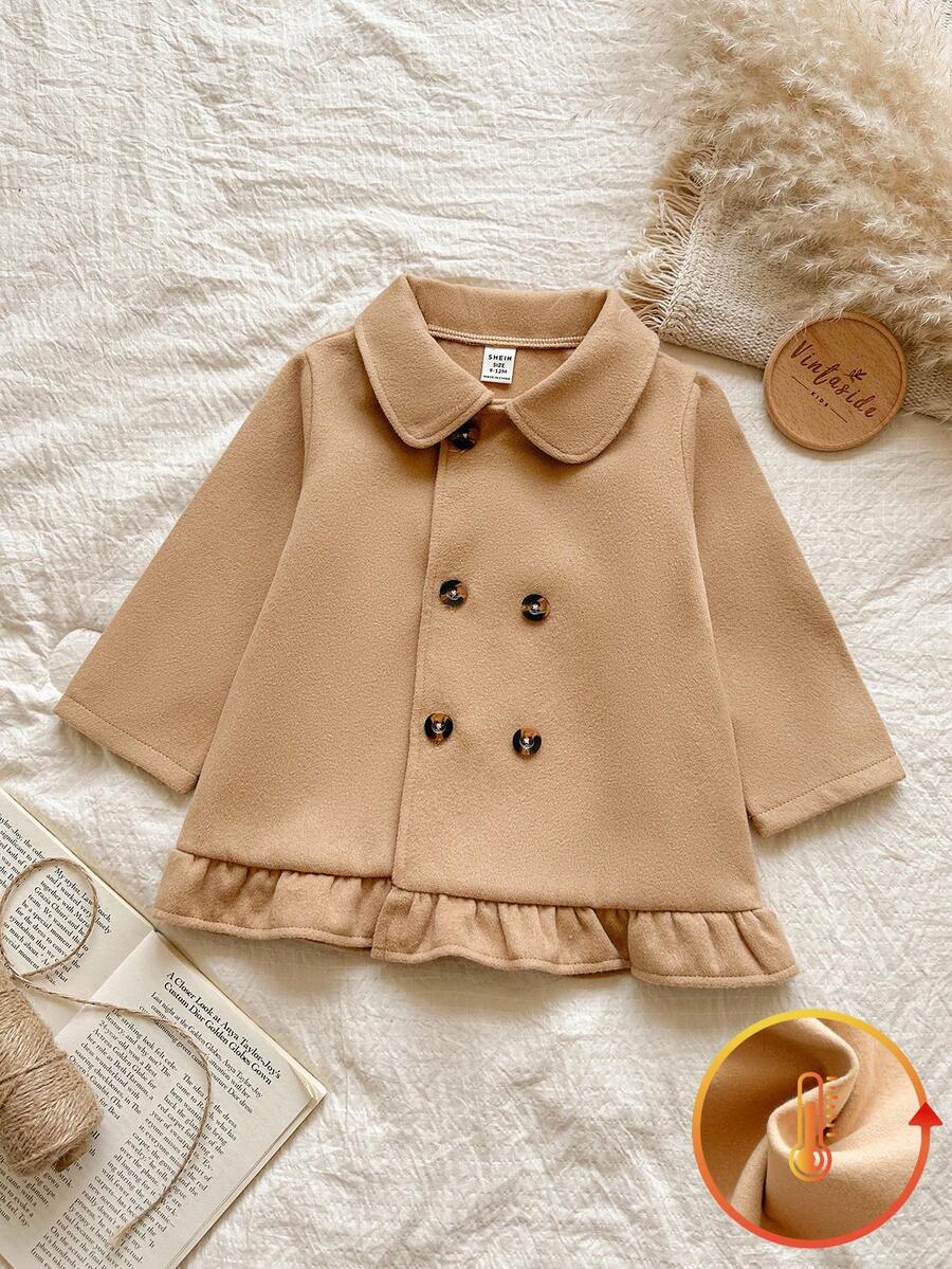SHEIN 女婴彼得潘领长袖纯色优雅外套,秋冬季 - 卡其色 - 查看 1