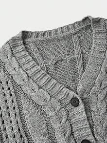 SHEIN MOD Plus Size V-Neck Loose Knit Cardigan, Gray,Christmas Retro Warm Knitted Jacket Autumn Winter Clothes For Women - Grey - View 5