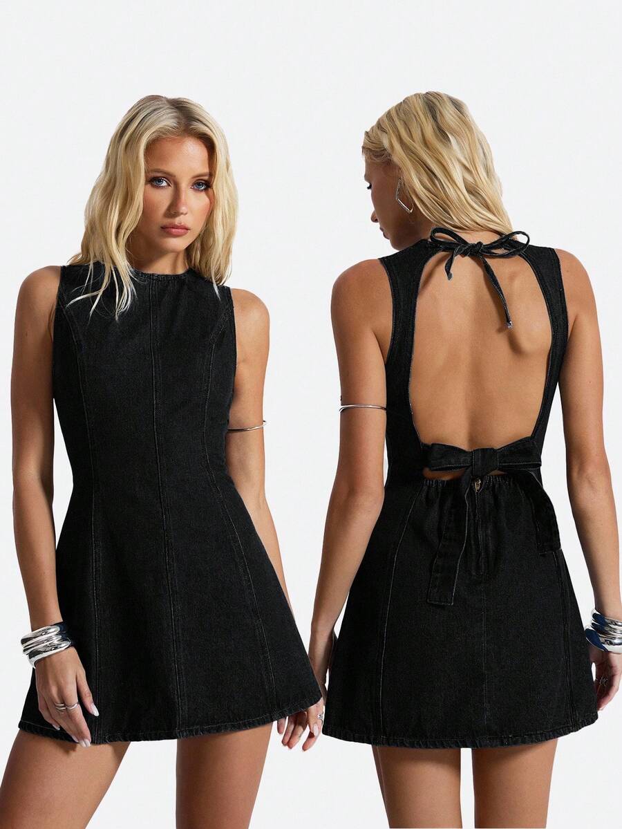 Jeanoix Women's Sexy Casual Backless Tie-Knot Sleeveless Denim Dress, Summer - Black - View 1