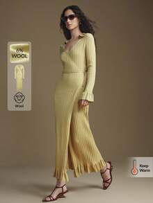 Ontre 2025 Elegante estilo minimalista, crema amarillento, suave tela de punto floral, volante en el bajo, ajuste de cintura ceñida, diseño envolvente, vestido de punto para mujer, con cuello, casual de negocios, para ir a la oficina, uso diario, otoño/invierno, mezcla de punto - Amarillo - Ver 1