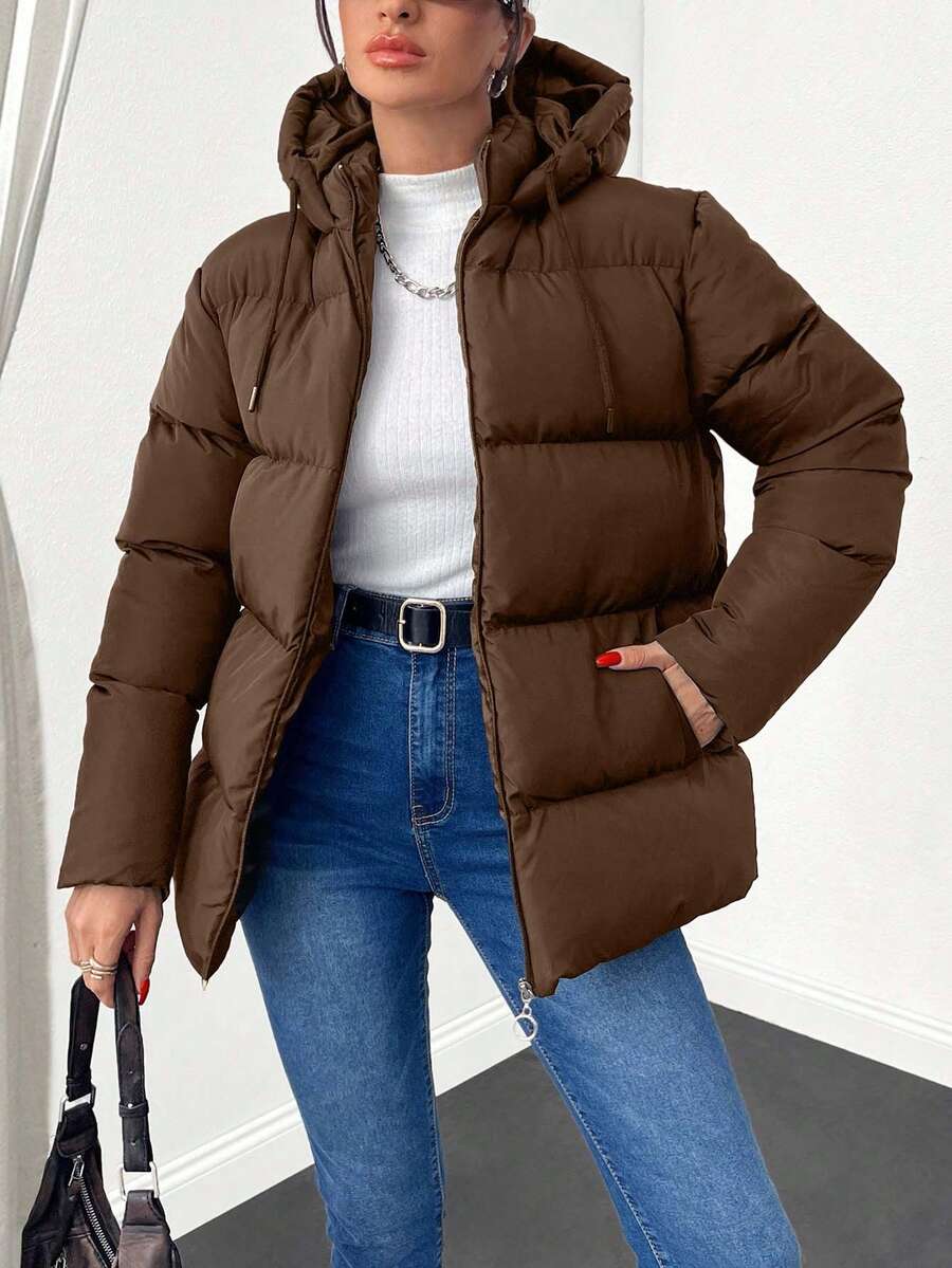 EURMUSE 女式纯色简约日常长袖连帽棉服外套 - 棕色 - 查看 1