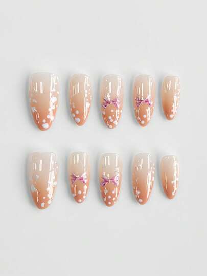 Anime 10 piezas de uñas postizas de alta calidad con diseños adorables de moños, notas musicales y estrellas, talla grande 3 piezas de adhesivo doble cara. Pegatinas de arte de uñas con cadena de cristal, estilo francés Y2K, lunares, removibles, adecuadas para vacaciones, fiestas, baile y uso diario.