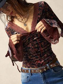 Bohemela 女式休闲度假V领长袖针织上衣 - 藍色 - 查看 2