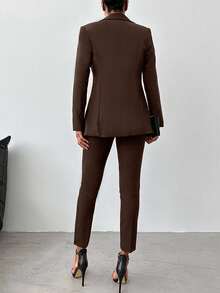 EURMUSE Women's Simple Solid Color Lapel Collar Blazer And Belted Suit Pants Set, Suitable For Work And Commute - Brown - View 2