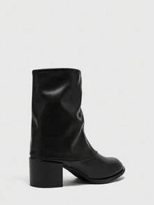 CUCCOO BIZCHIC 女士时尚侧拉链褶裥筒靴，复古休闲舒适百搭黑色中筒靴 - 黑色 - 查看 4