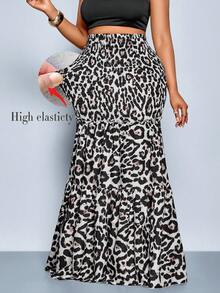 SOLERSUN 大码秋春新款特殊工艺高弹力褶皱荷叶边豹纹蛋糕连衣裙通勤休闲性感中长半长裙适合约会晚宴酒会时尚女装 - 卡其色 - 查看 1