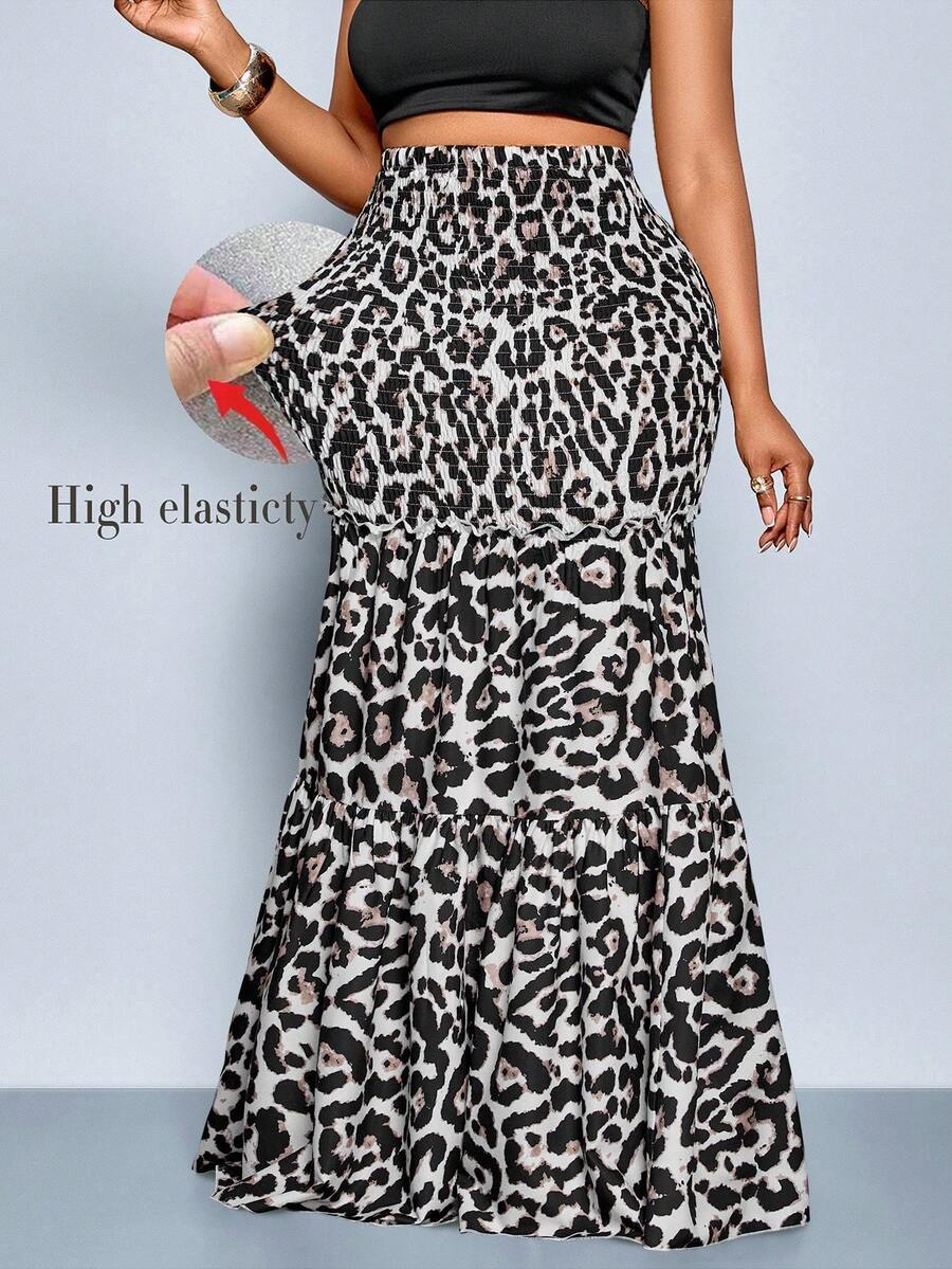 SOLERSUN 大码秋春新款特殊工艺高弹力褶皱荷叶边豹纹蛋糕连衣裙通勤休闲性感中长半长裙适合约会晚宴酒会时尚女装 - 卡其色 - 查看 1