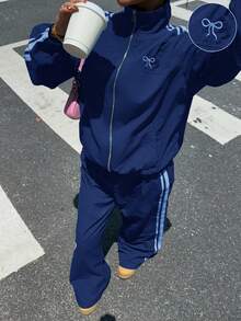 Muchica 女式条纹长袖青蓝色运动夹克和裤子休闲运动服套装 - 水鴨藍 - 查看 6