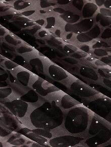 ROMWE Grunge Punk Leopard Print Rhinestone Metallic Chain Necklace Tight Fit Blouse For Women - Coffee Brown - View 3