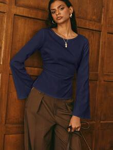 Poéselle Blusa casual de mujer con cuello redondo, volantes y mangas acampanadas de unicolor - Azul - Ver 2
