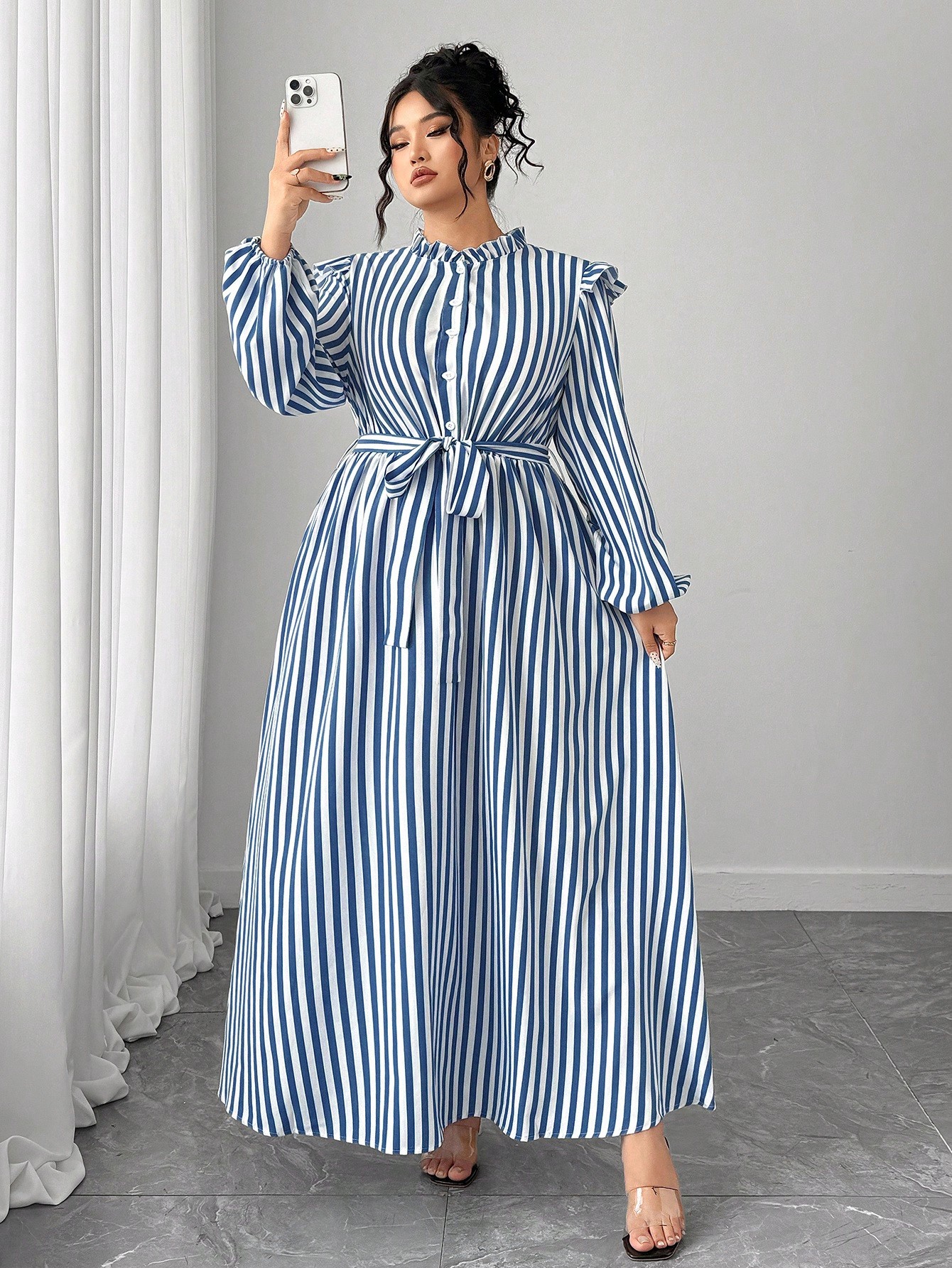 Elenzga فستان كاجوال بأكمام طويلة مع تصميم أزرار و...