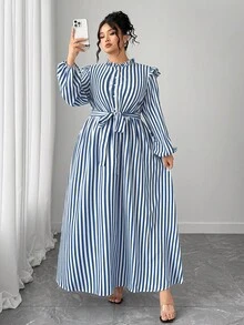 Elenzga Plus Size Women Frill Collar Striped Button Design Long Sleeve Casual Dress - Blue - View 4