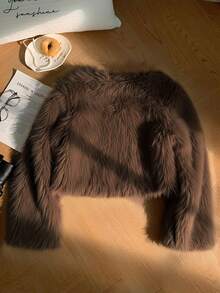 SHEIN Privé Plus Size Women Winter Solid Color Long Sleeve Fashionable Faux Fur Collar-Less Jacket Brown Jacket Women Faux Fur Coat Fur Jacket Crop Jacket, Brown For Women