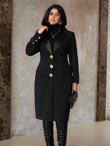 Roveilla 大码女式优雅黑色长袖束腰金色纽扣装饰中长款西装外套 - 黑色 - 查看 3